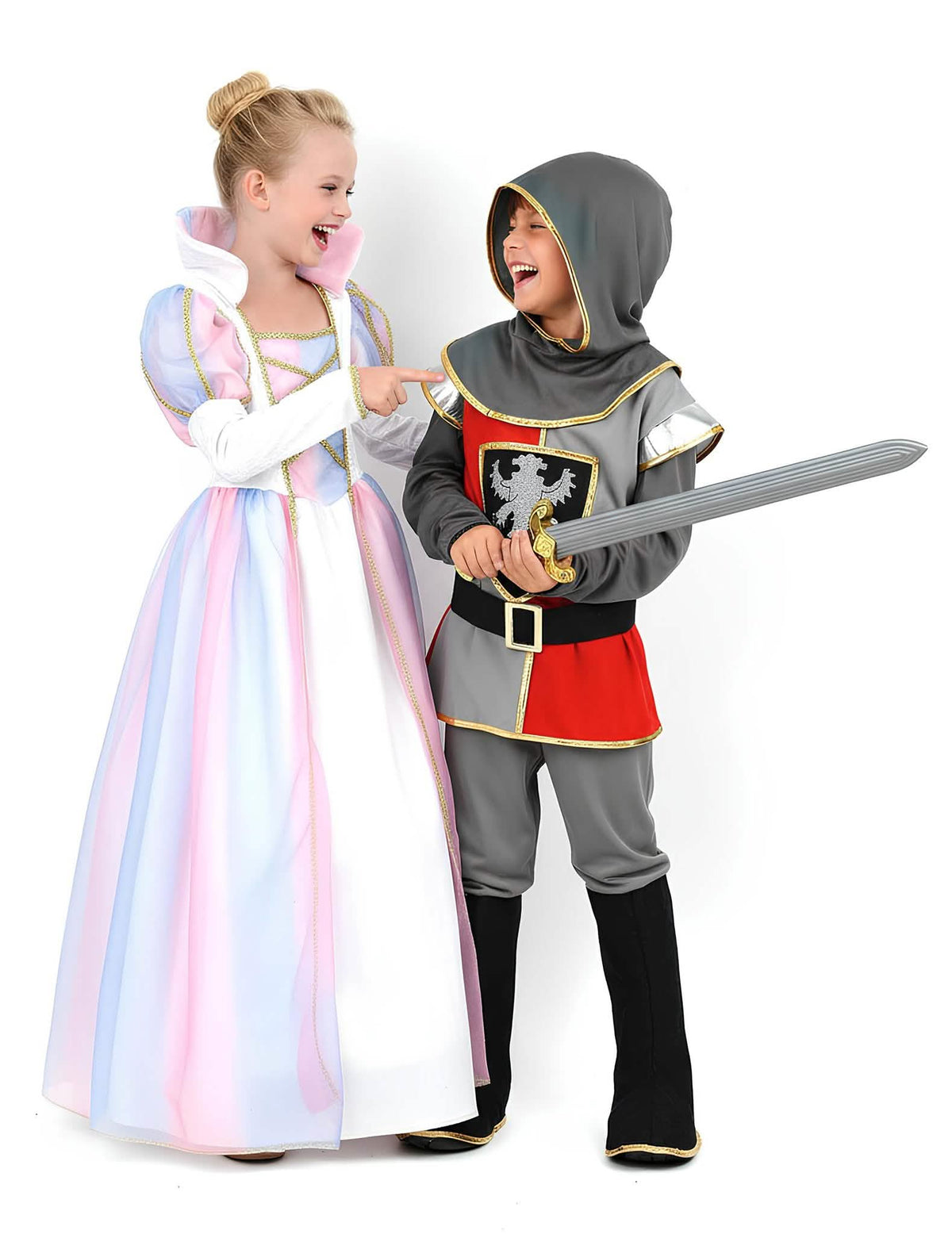 Déguisement de couple chevalier et princesse pour enfant multicolore avec robe rose et bleue et armure grise et rouge