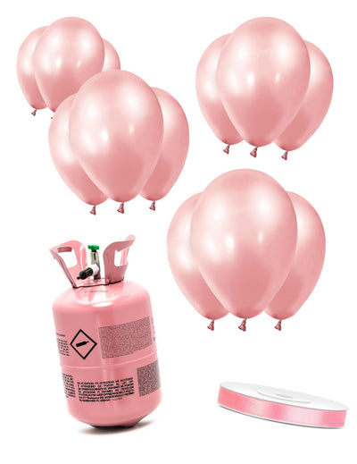 Kit de cilindro de helio con 12 globos rosa dorado y cinta de raso