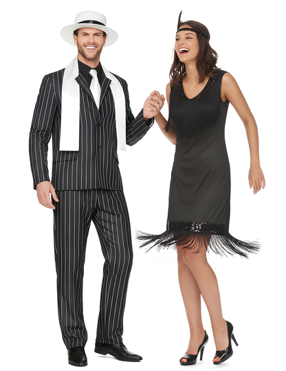 Déguisement de couple des années 20 pour adultes noir avec costume à rayures et robe à franges