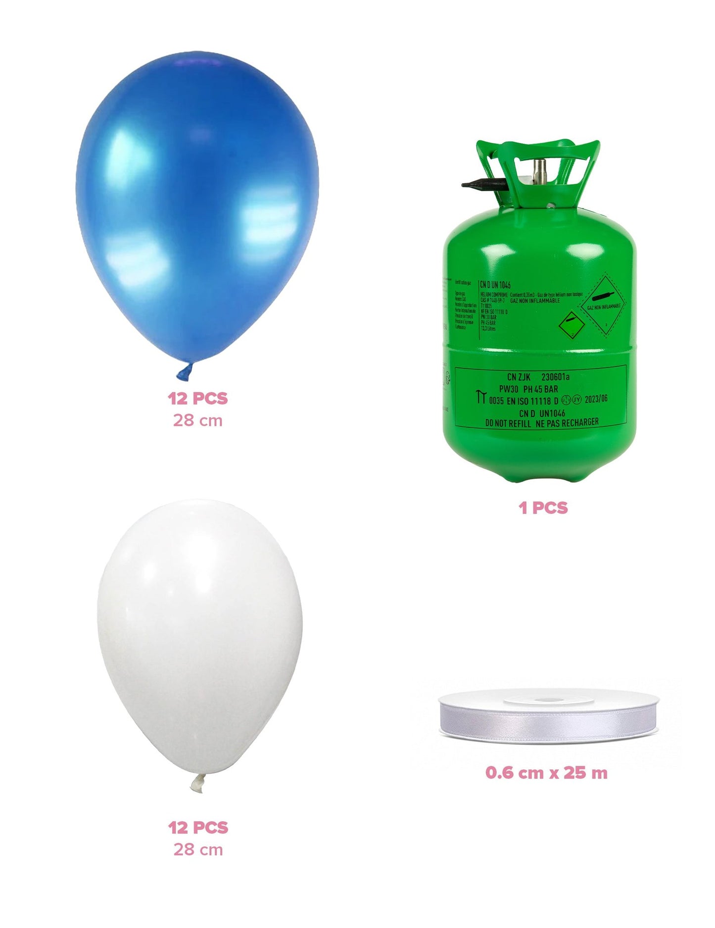 Kit de cilindro de helio con 12 globos blancos 12 globos azules y cinta