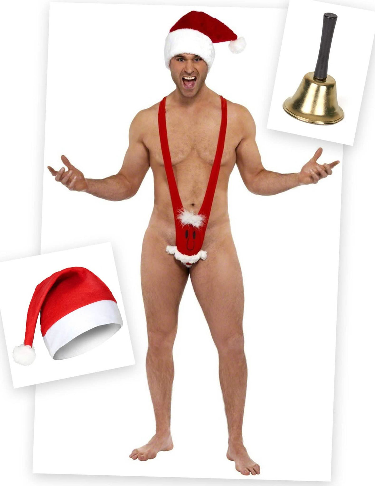 Kit disfraz mankini Papá Noel con gorro y campana