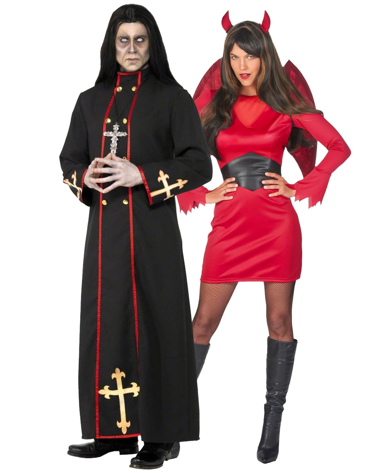 Disfraz de pareja diablesa y monje demoníaco rojo y negro Halloween