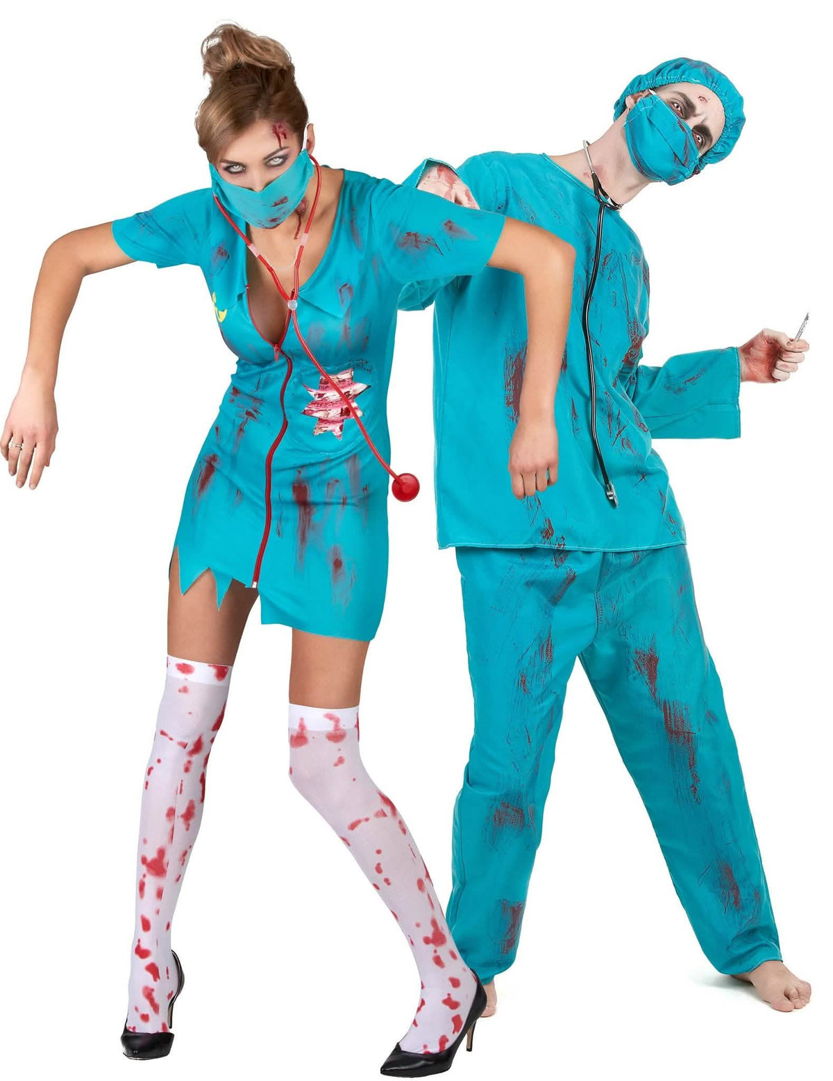 Disfraz de pareja enfermera y cirujano zombie Halloween adultos