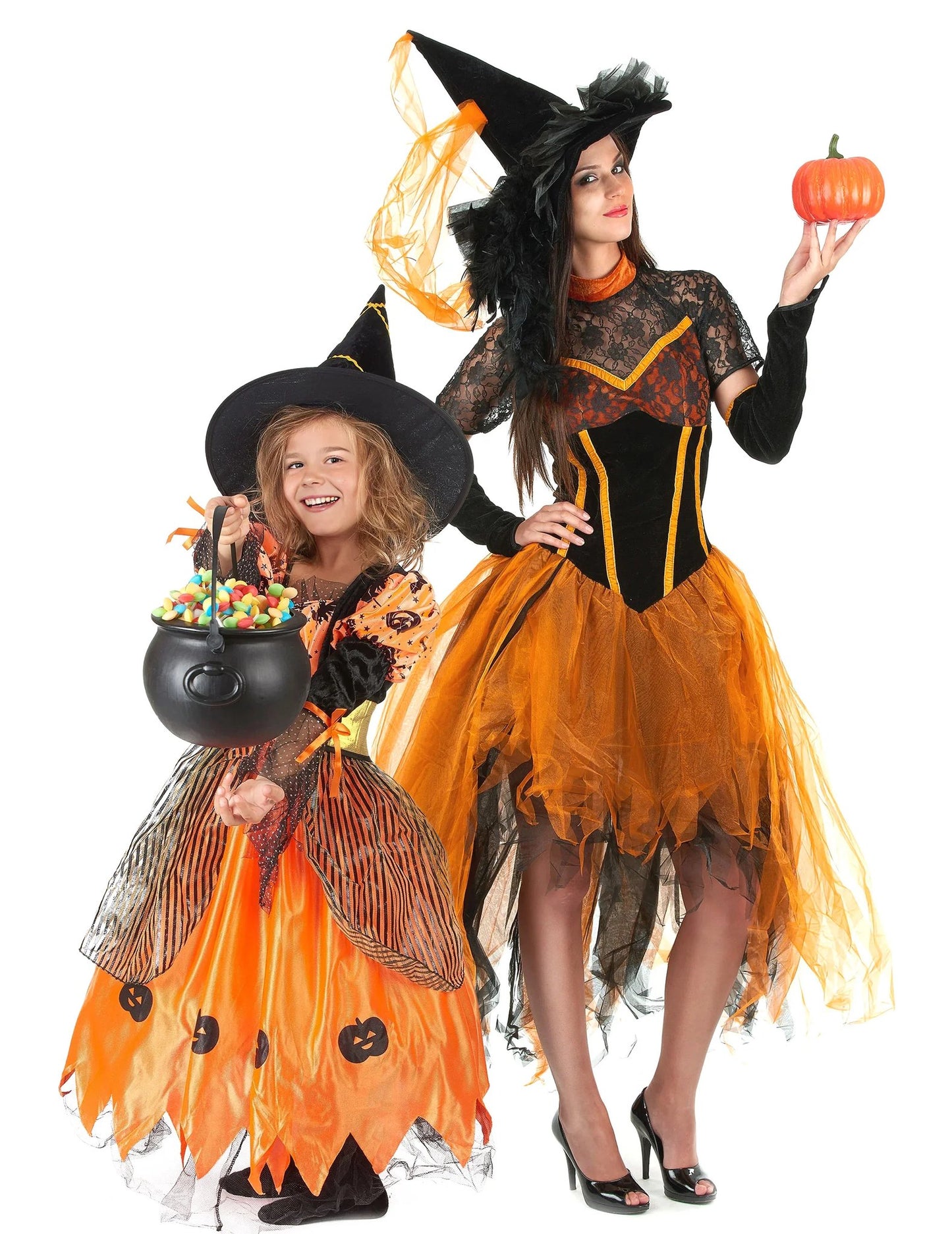 Disfraz de bruja naranja para madre e hija para Halloween