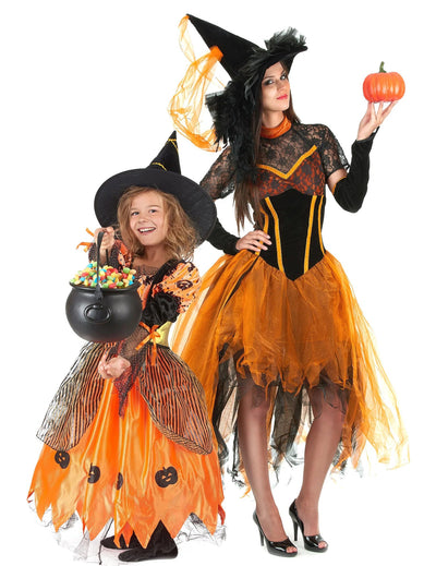 Disfraz de bruja naranja para madre e hija para Halloween