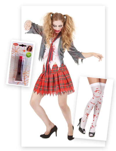Kit disfraz zombie colegiala con sangre falsa y medias Halloween