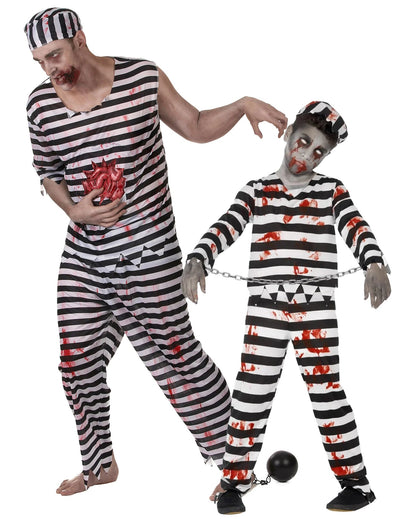 Disfraz de pareja de zombis prisioneros aterradores padre e hijo para Halloween