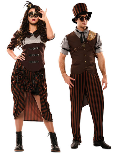 Disfraz de pareja steampunk marrón adulto