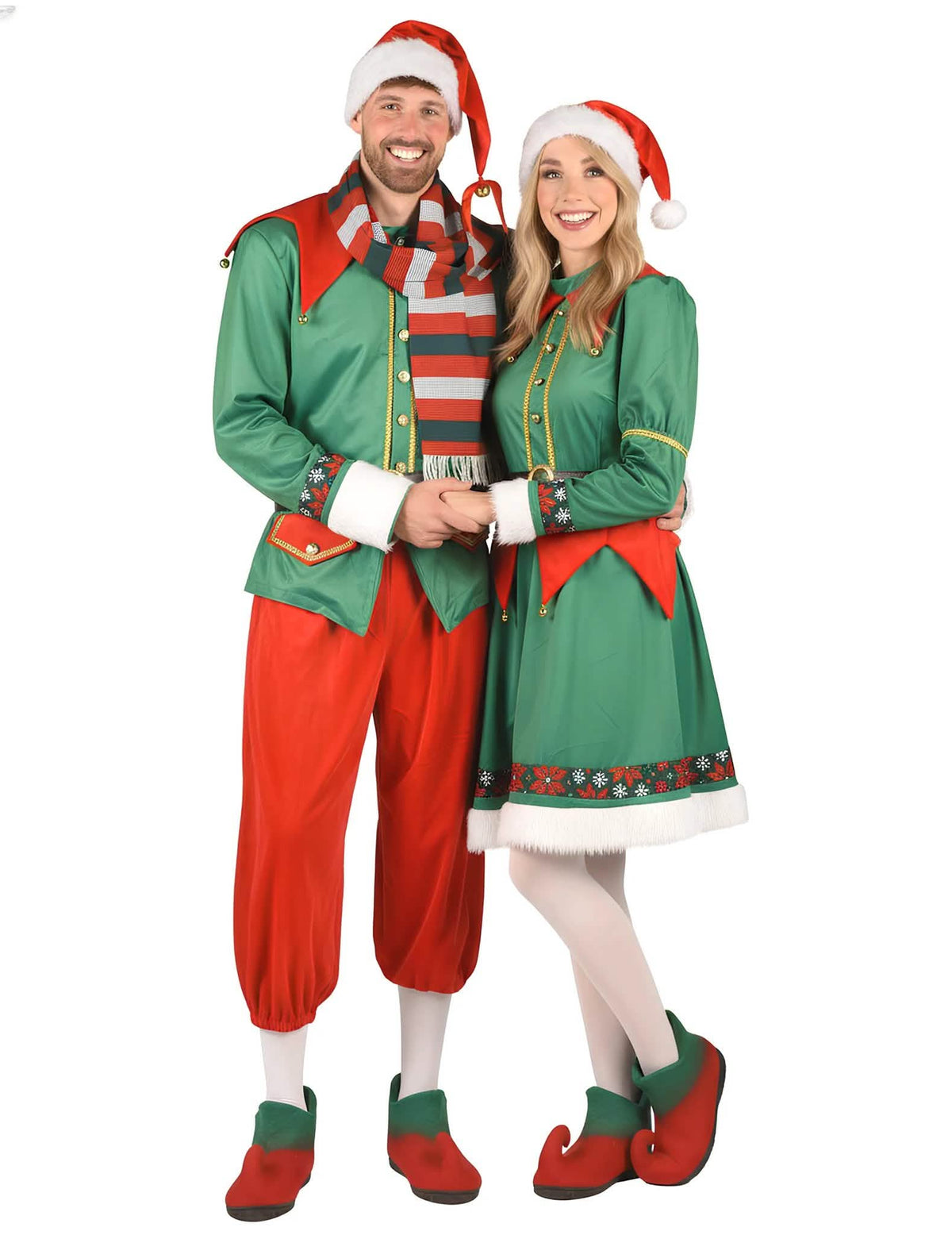 Disfraz de pareja de elfos de Navidad de lujo para adulto