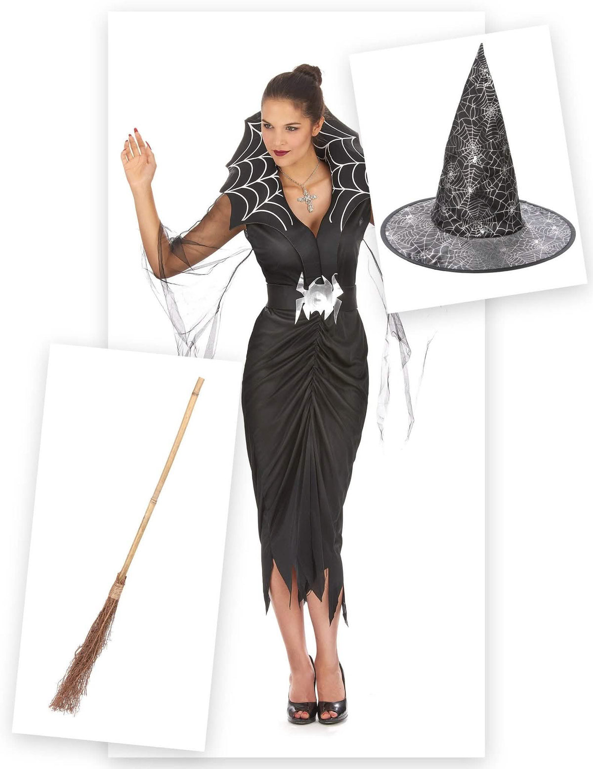 Kit disfraz bruja araña mujer con escoba y sombrero Halloween