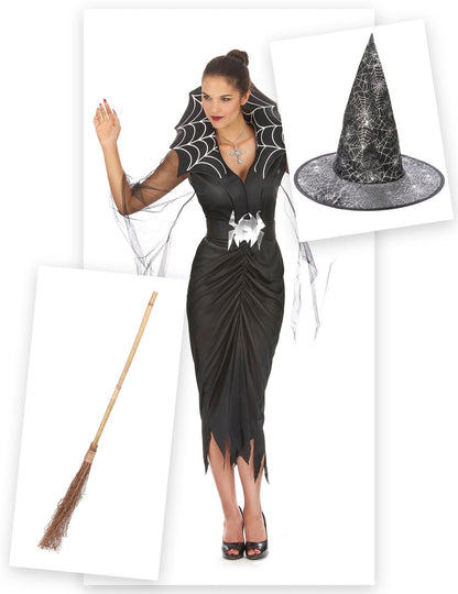 Kit disfraz bruja araña mujer con escoba y sombrero Halloween