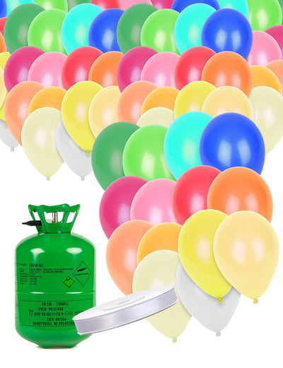 Kit de bombonas de helio con 50 globos multicolores y cinta