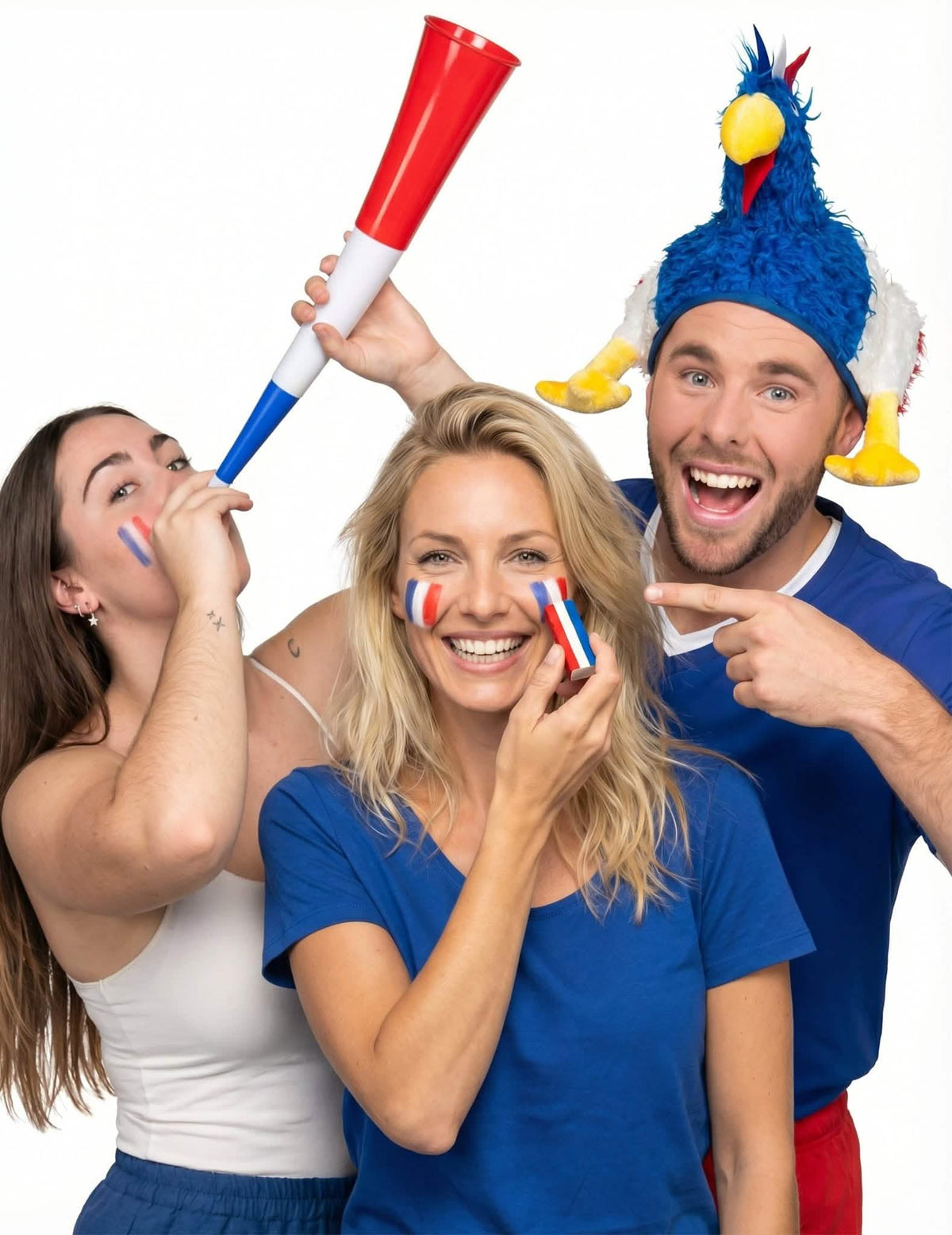 Set de aficionado Francia: sombrero, trompeta de bruma y Maquillaje