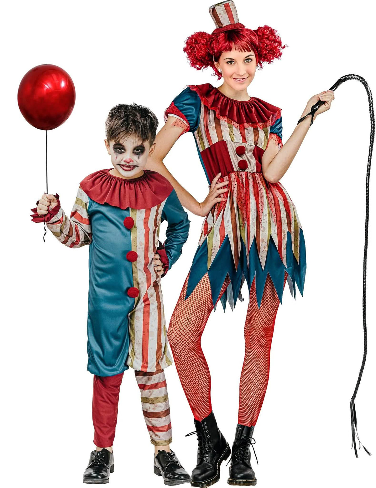 Disfraz de pareja de payasos coloridos para madre e hijo en Halloween