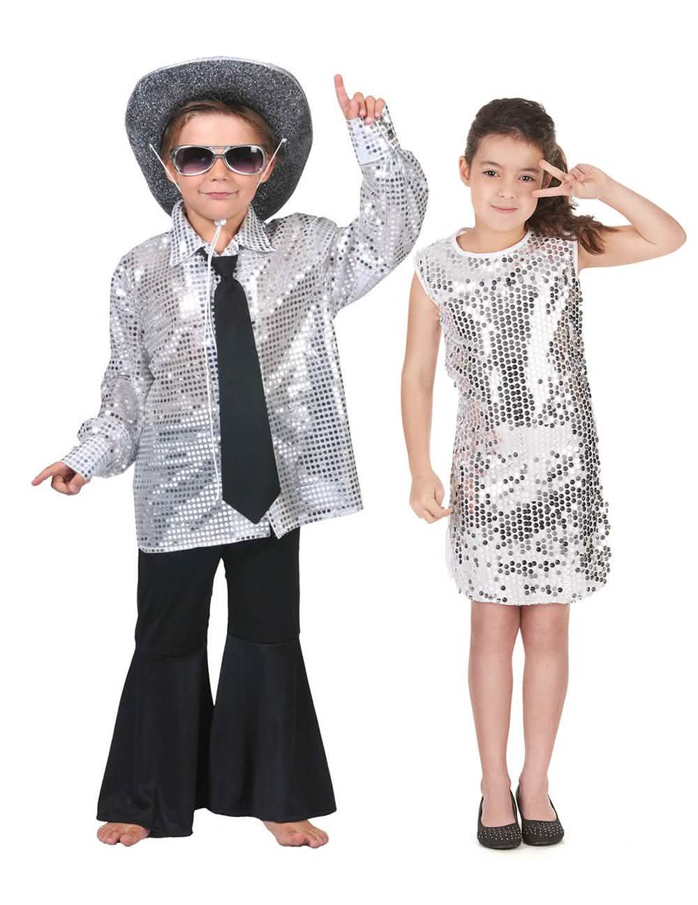 Disfraz de pareja disco plateado niños