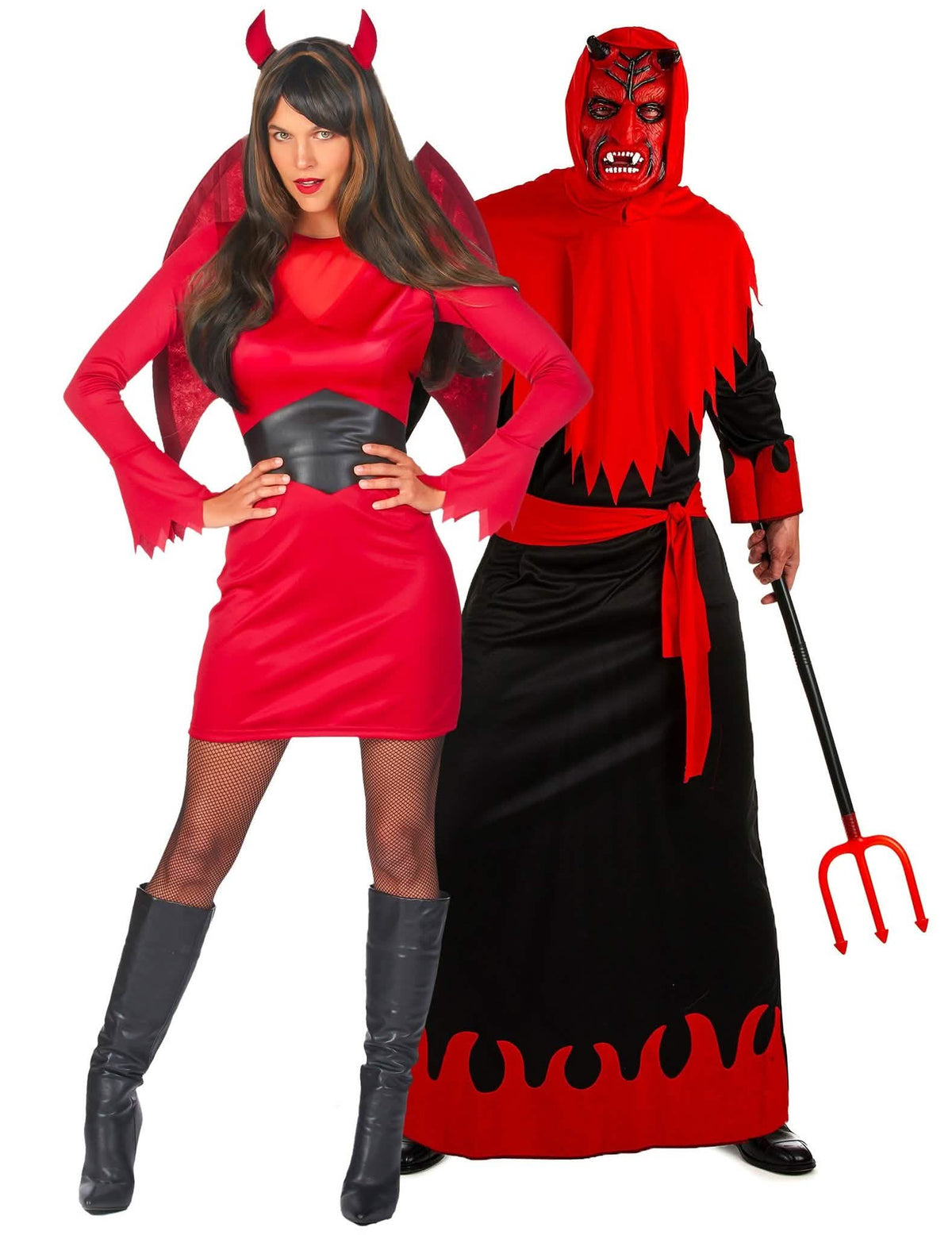 Disfraz de pareja diablesa y diablo demoníacos rojo Halloween adultos