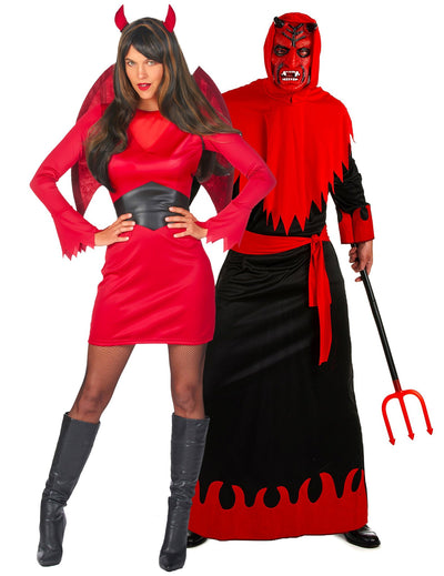Disfraz de pareja diablesa y diablo demoníacos rojo Halloween adultos