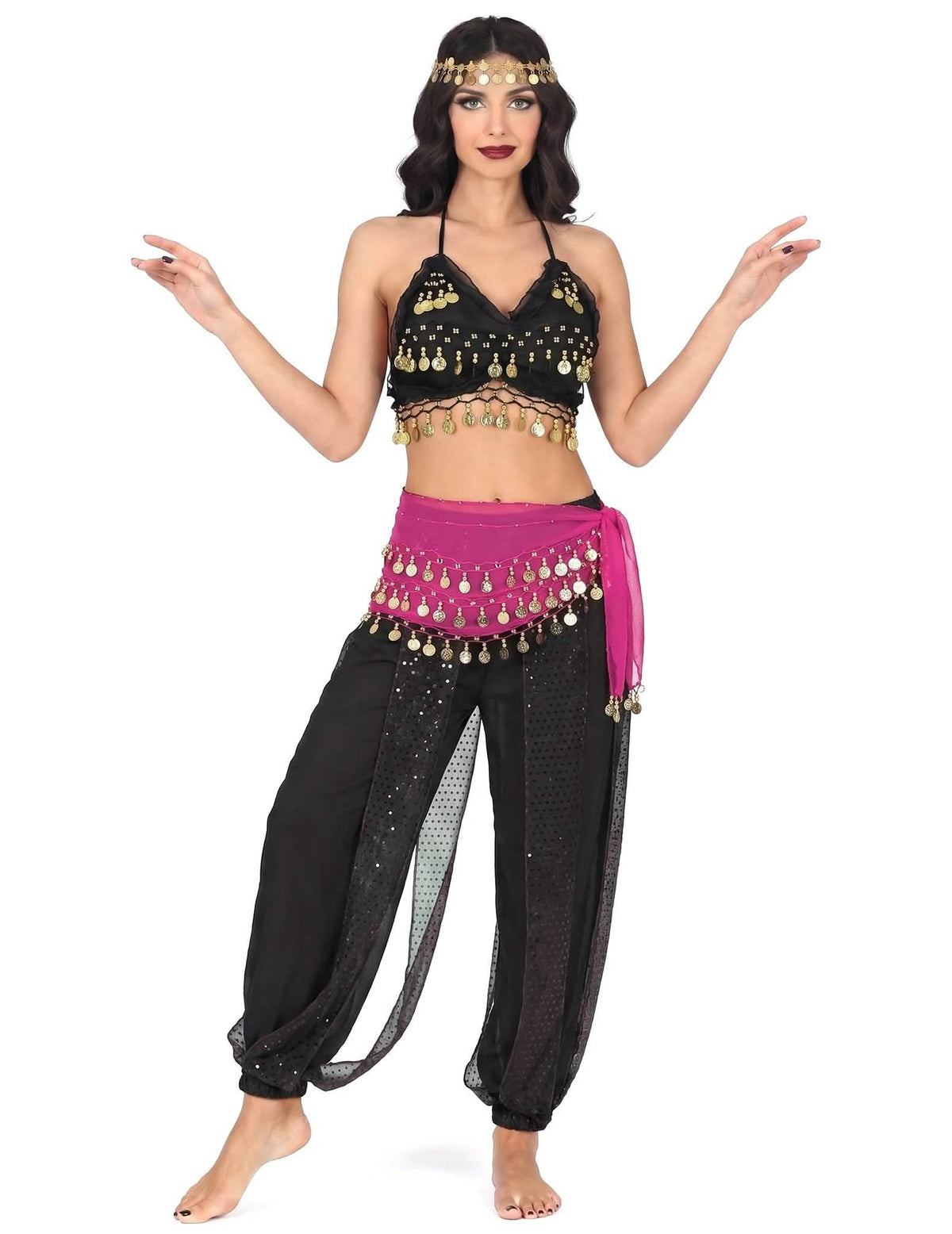 Disfraz completo de bailarina oriental negro y rosa para mujer