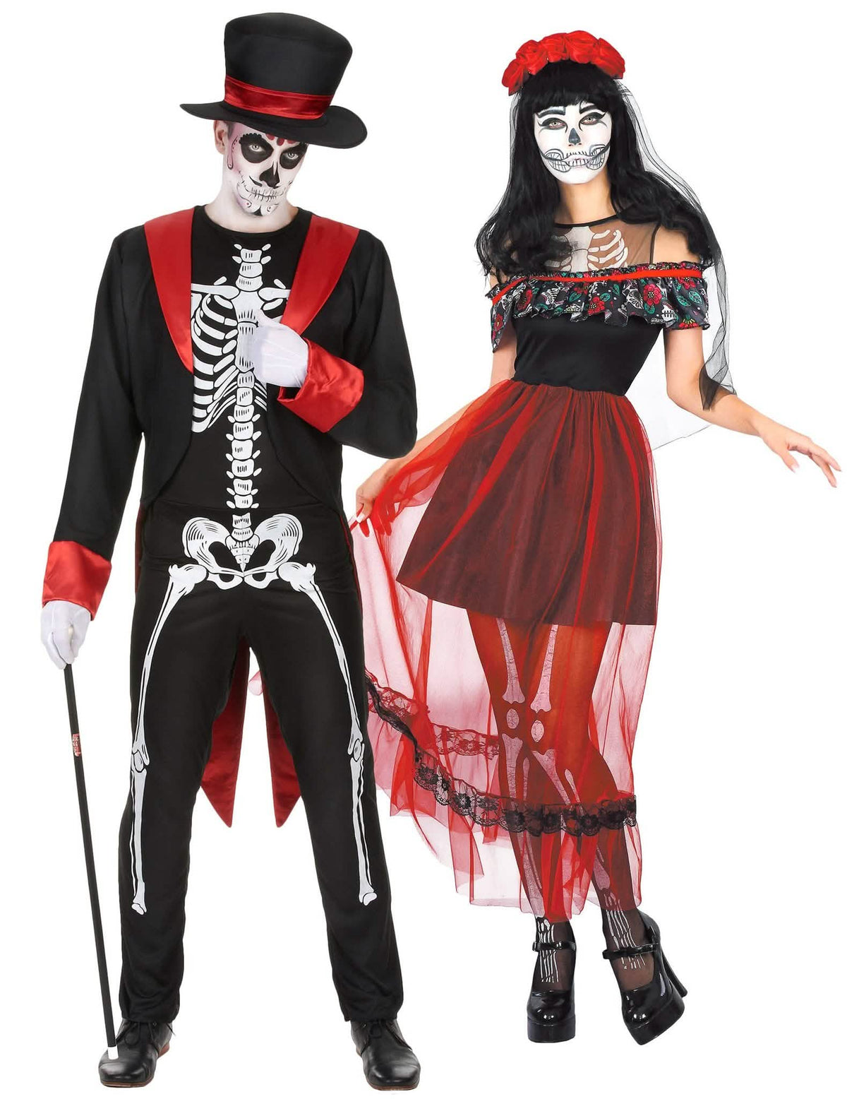 Disfraz de pareja esqueletos chic día de los muertos rojo y negro Halloween adultos