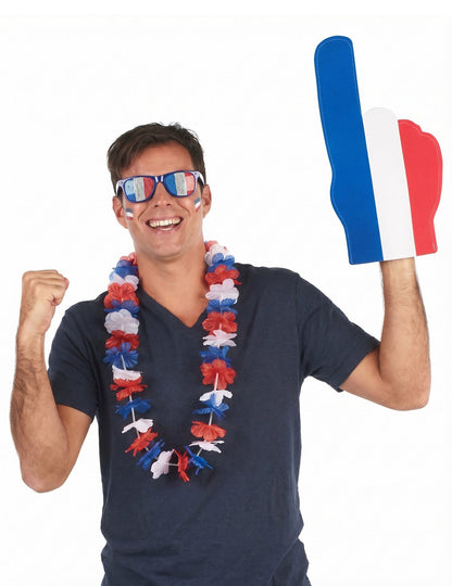 Set de aficionado de Francia: Gafas, collar hawaiano y mano gigante