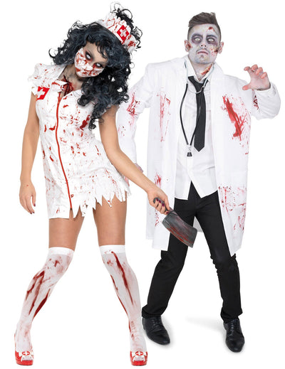 Disfraz de pareja de doctor y enfermera zombies Halloween adultos