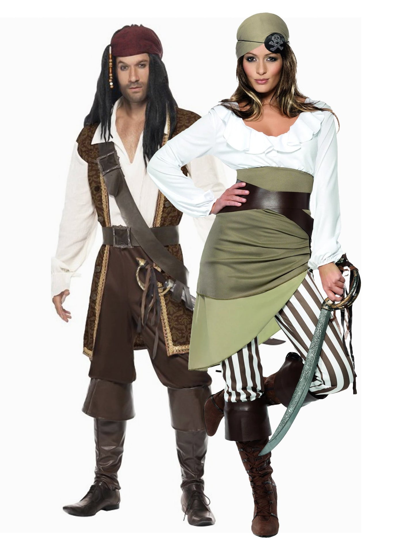 Disfraz de pareja de piratas marrón y verde para adulto