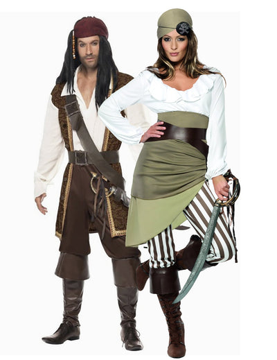 Disfraz de pareja de piratas marrón y verde para adulto