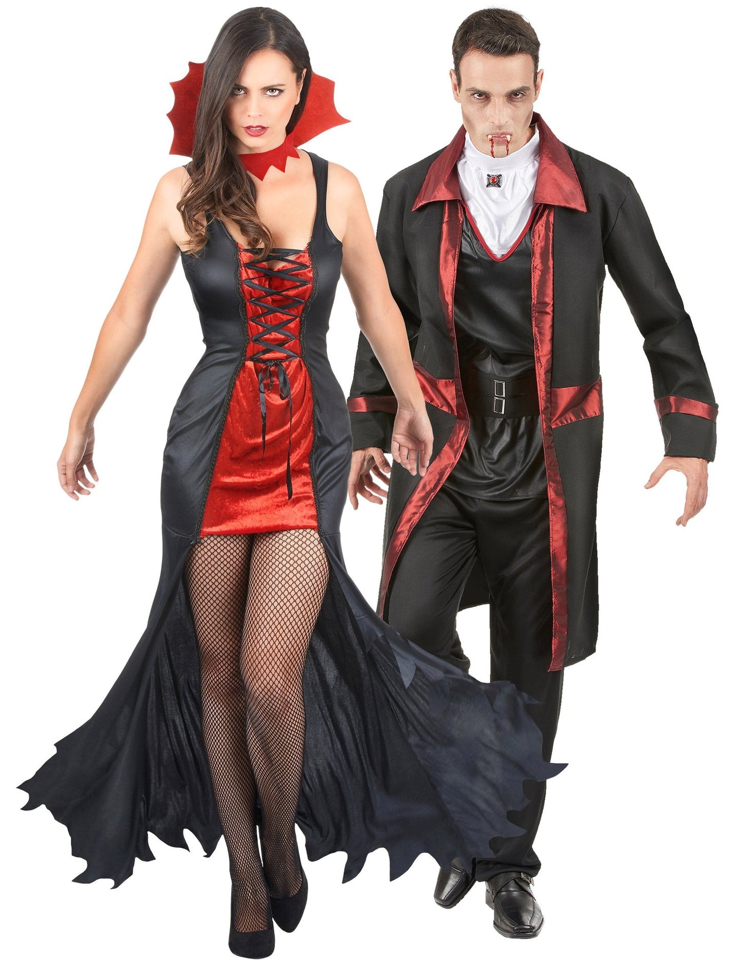 Disfraz de pareja vampiros Halloween rojo y negro adultos