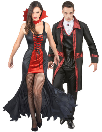 Disfraz de pareja vampiros Halloween rojo y negro adultos
