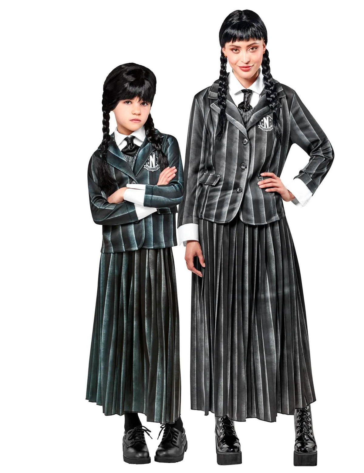 Disfraz de pareja uniforme escolar Miércoles Addams™ niño adulto