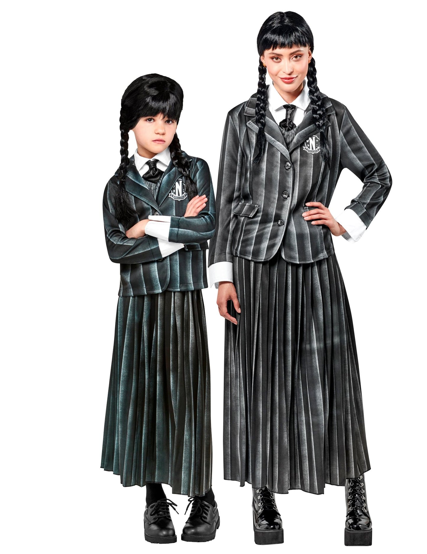 Disfraz de pareja uniforme escolar Miércoles Addams™ niño adulto
