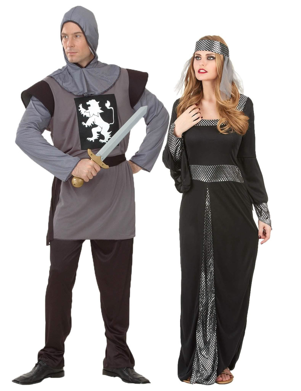 Disfraz de pareja medieval gris y negro adulto