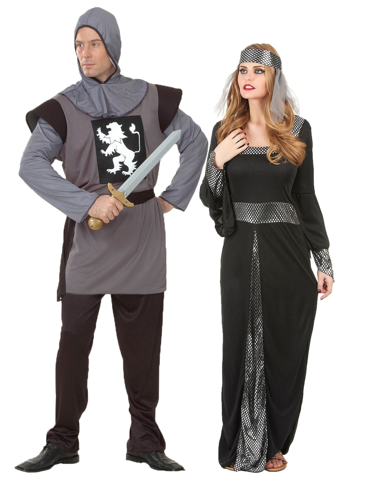Disfraz de pareja medieval gris y negro adulto