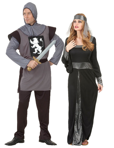 Disfraz de pareja medieval gris y negro adulto