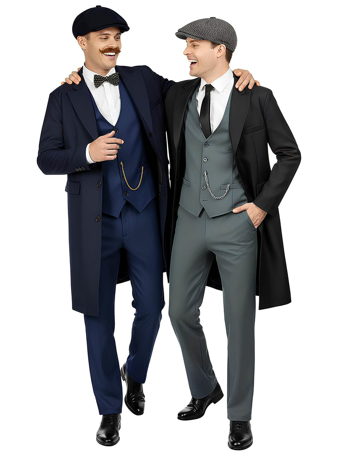 Déguisement de couple Tommy et Arthur Shelby Peaky Blinders pour adultes bleu marine et gris avec manteaux et casquettes