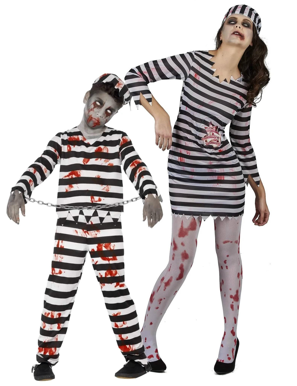 Disfraz de pareja de prisioneros zombis madre e hijo para Halloween