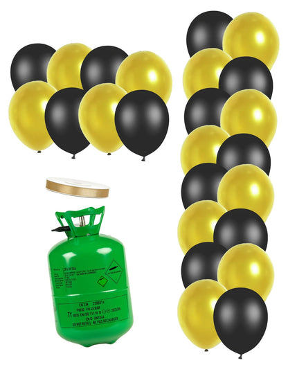 Kit bouteille bouteille d'hélium avec 12 ballons noirs 12 ballons dorés et ruban