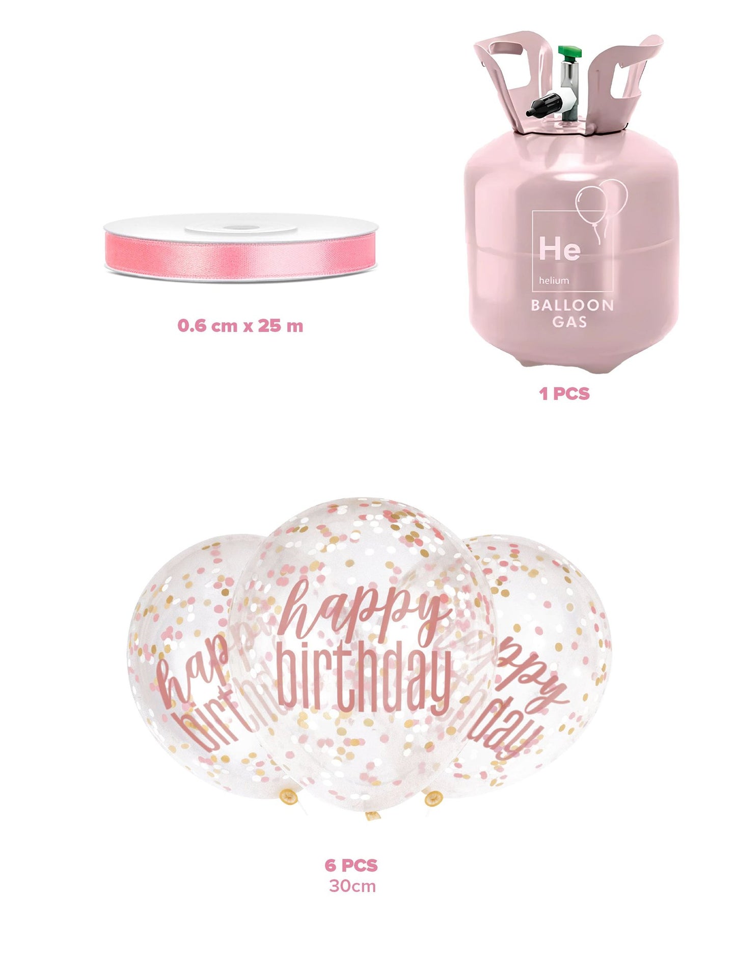 Kit de cilindro de helio con 6 globos transparentes de confeti y cinta de raso