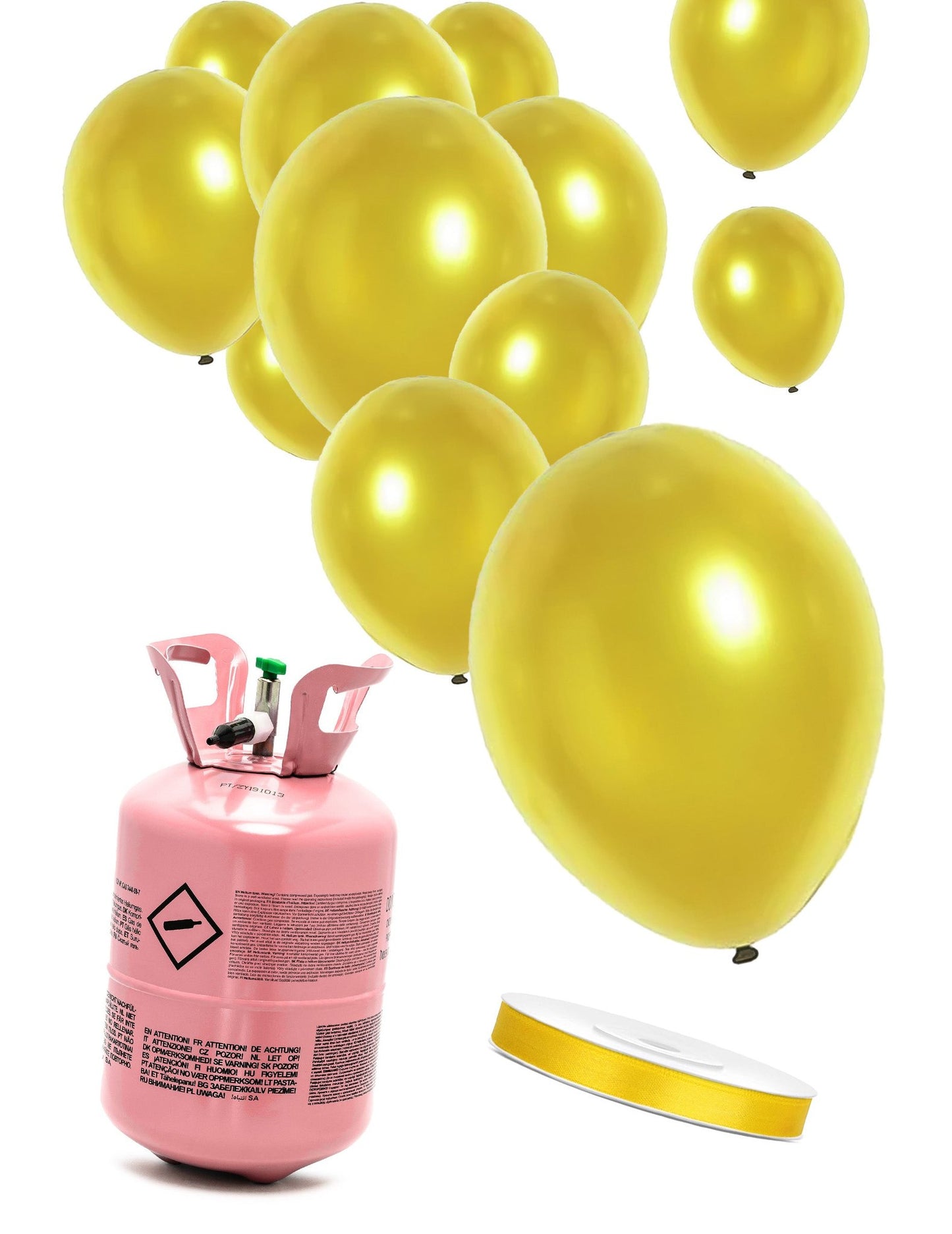 Kit de cilindro de helio con 12 globos dorados y cinta de raso