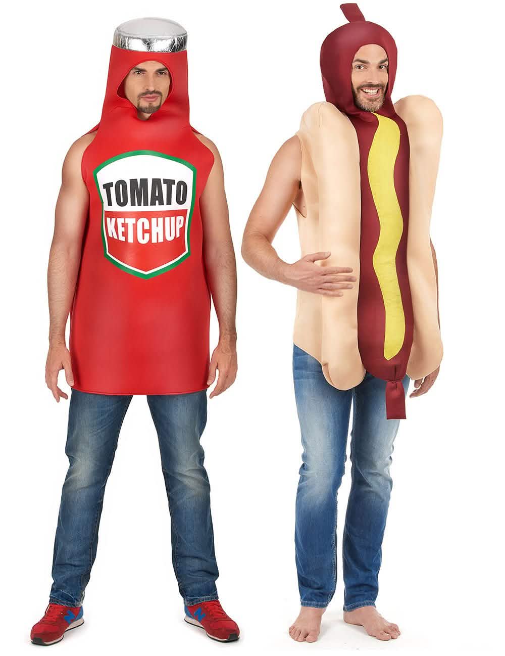 Disfraz de pareja hot dog y ketchup adulto