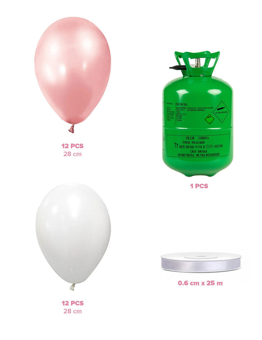 Kit de cilindro de helio con 12 globos rosa-oro 12 globos blancos y cinta