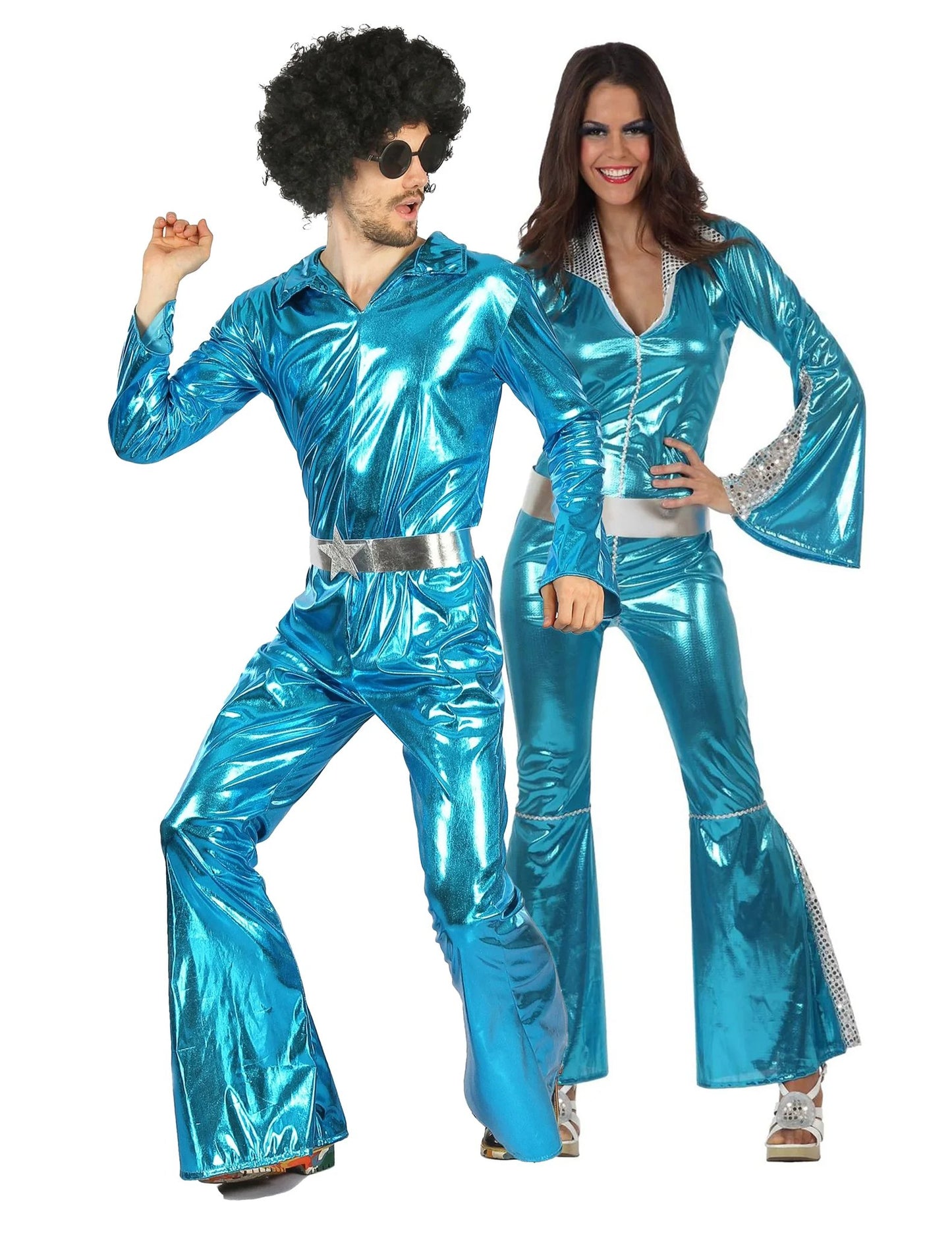 Disfraz de pareja disco azul brillante para adulto