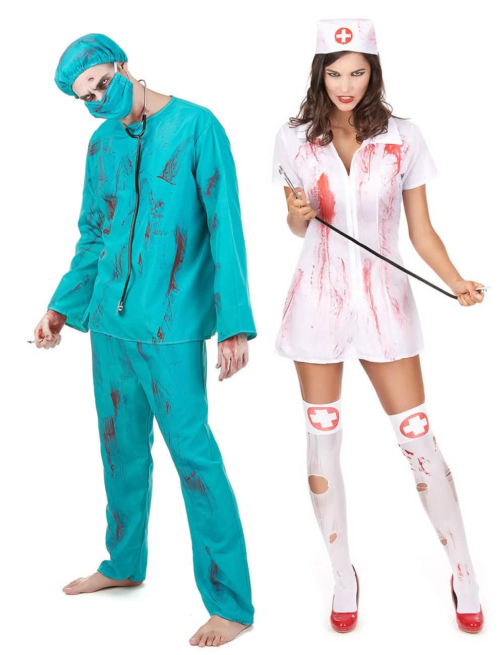 Disfraz de pareja zombie cirujano y enfermera Halloween
