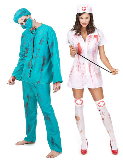 Disfraz de pareja zombie cirujano y enfermera Halloween