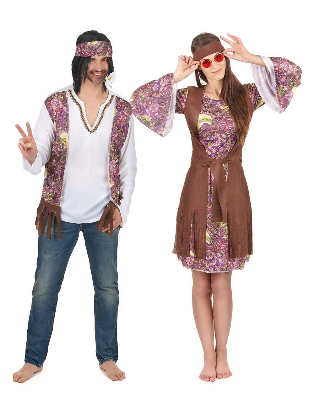 Disfraz de pareja hippie violeta adulto
