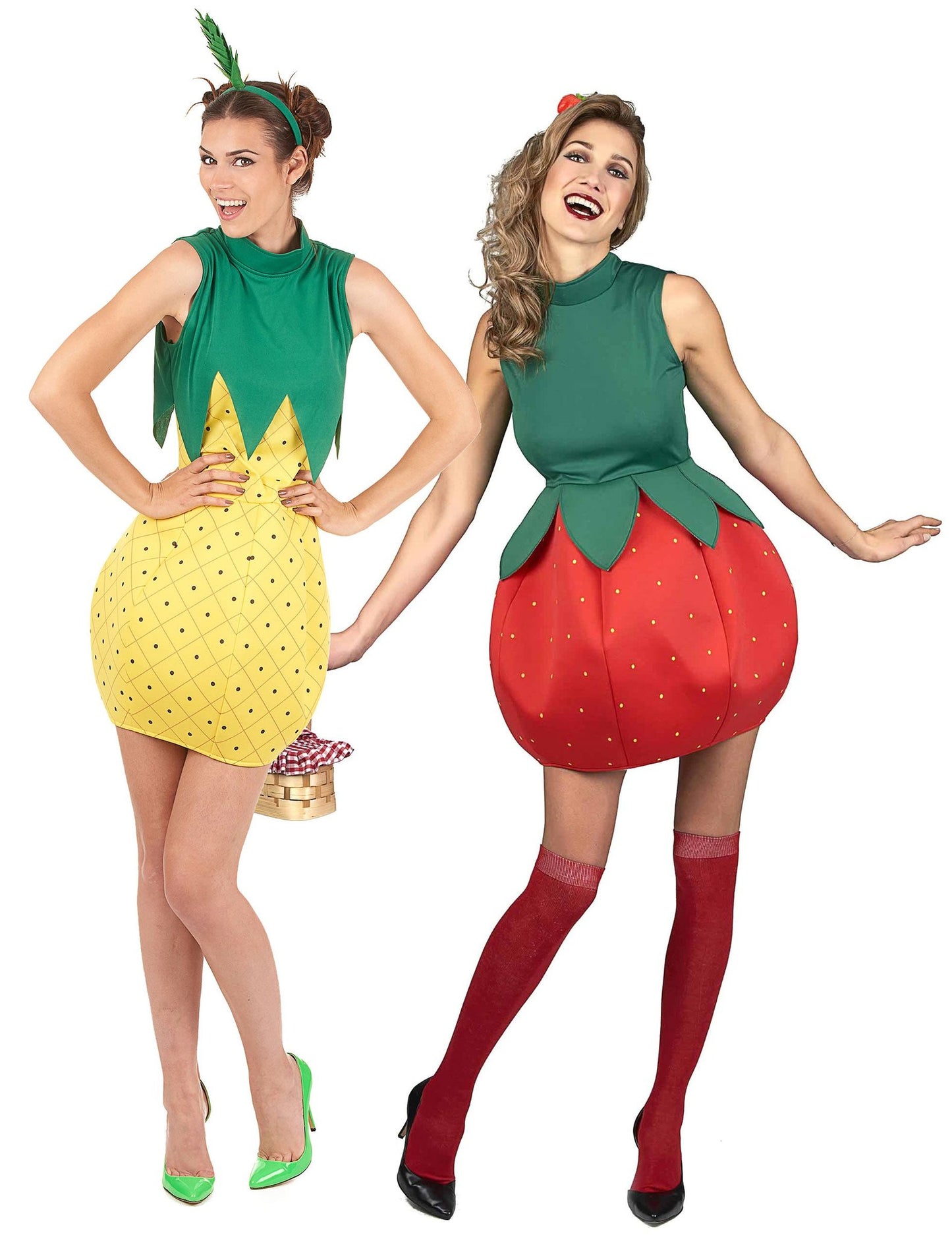 Disfraz de pareja de frutas fresa y piña para mujer