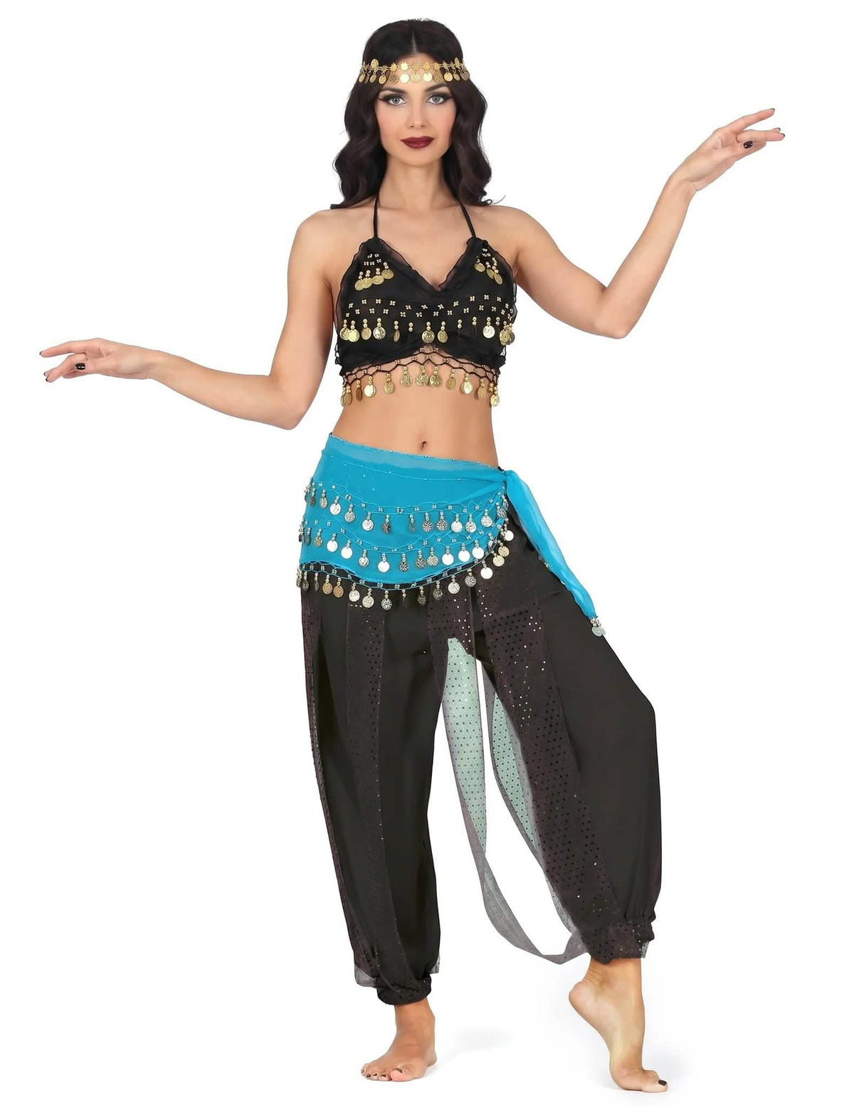 Disfraz completo de bailarina oriental negro y azul para mujer