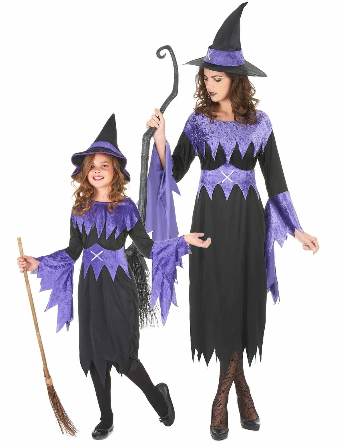 Disfraz de pareja de brujas violeta Halloween madre e hija