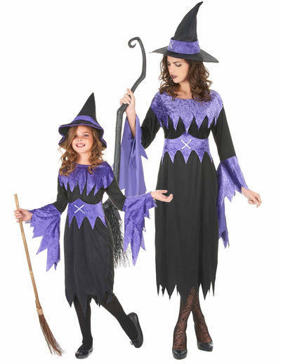 Disfraz de pareja de brujas violeta Halloween madre e hija