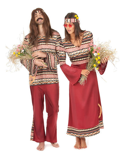Disfraz de pareja hippie burdeos adulto